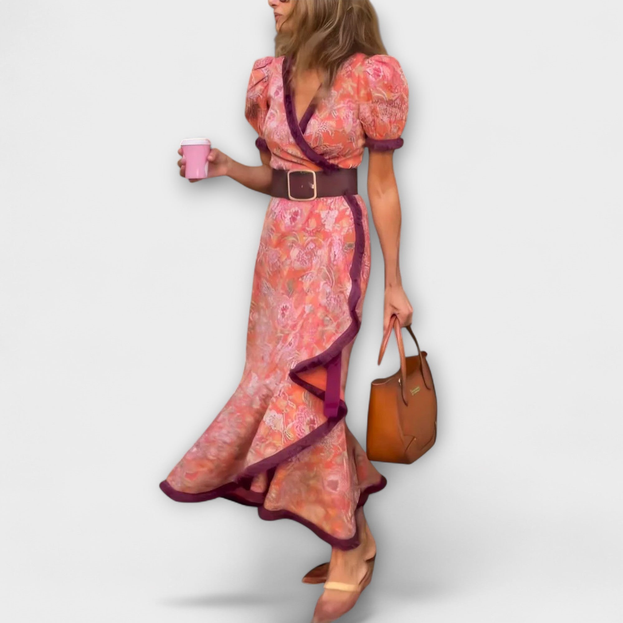 Maison Lumière™ | Robe Maxi Rose Élégante à Manches Courtes