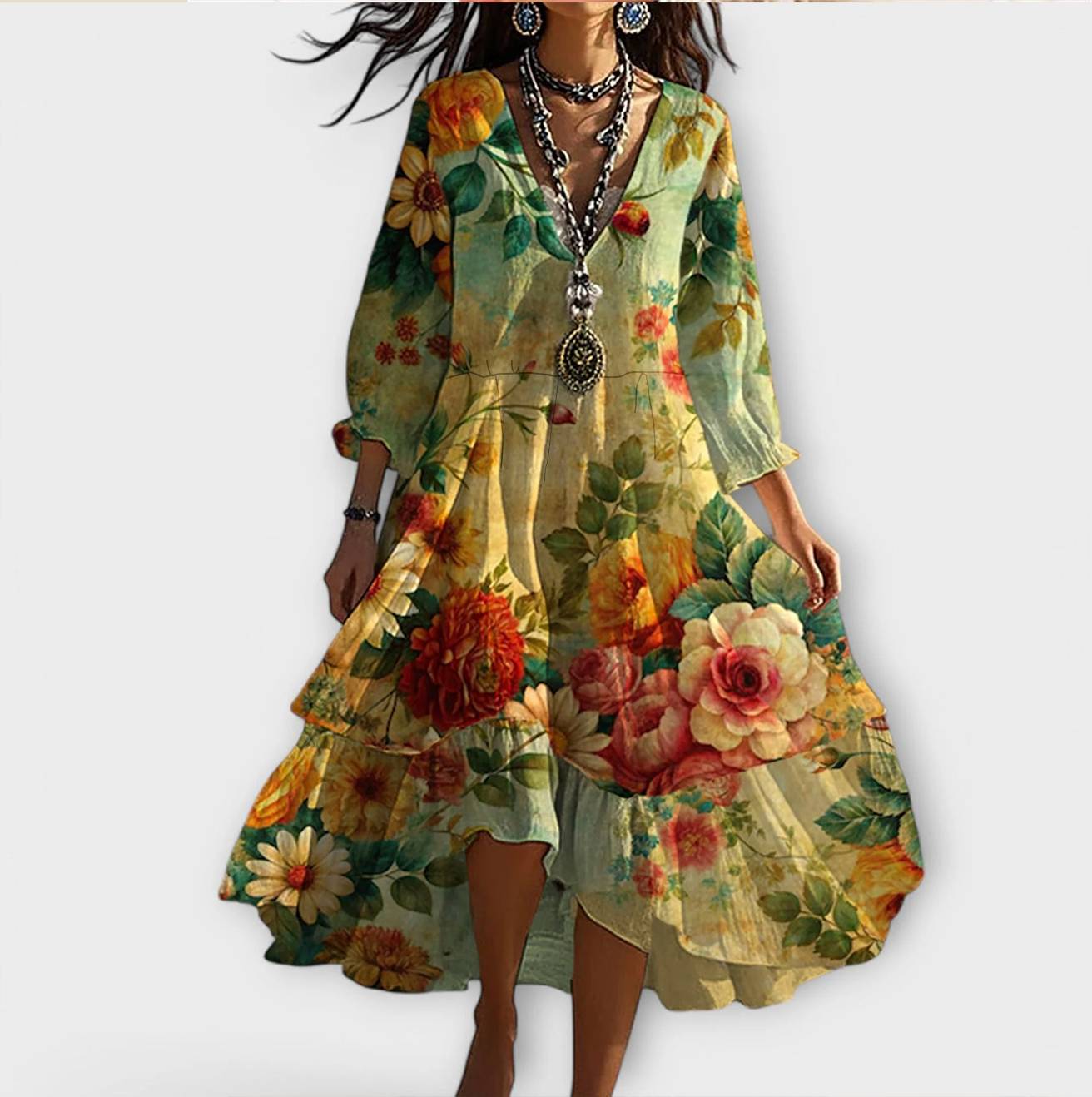 Maison Lumière™ | Robe à Décolleté en V avec Motif Floral Vintage Boho